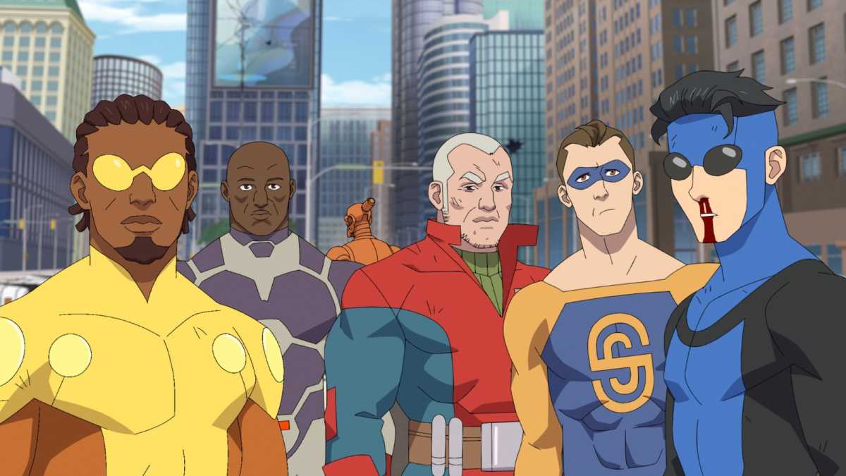Invincible season 4 - Bulletproof (Jay Pharoah), Dark Samson (Khary Payton), Brit (Jonathan banks), Shapesmith (Ben Schwartz), and Invincible (Steven Yeun)