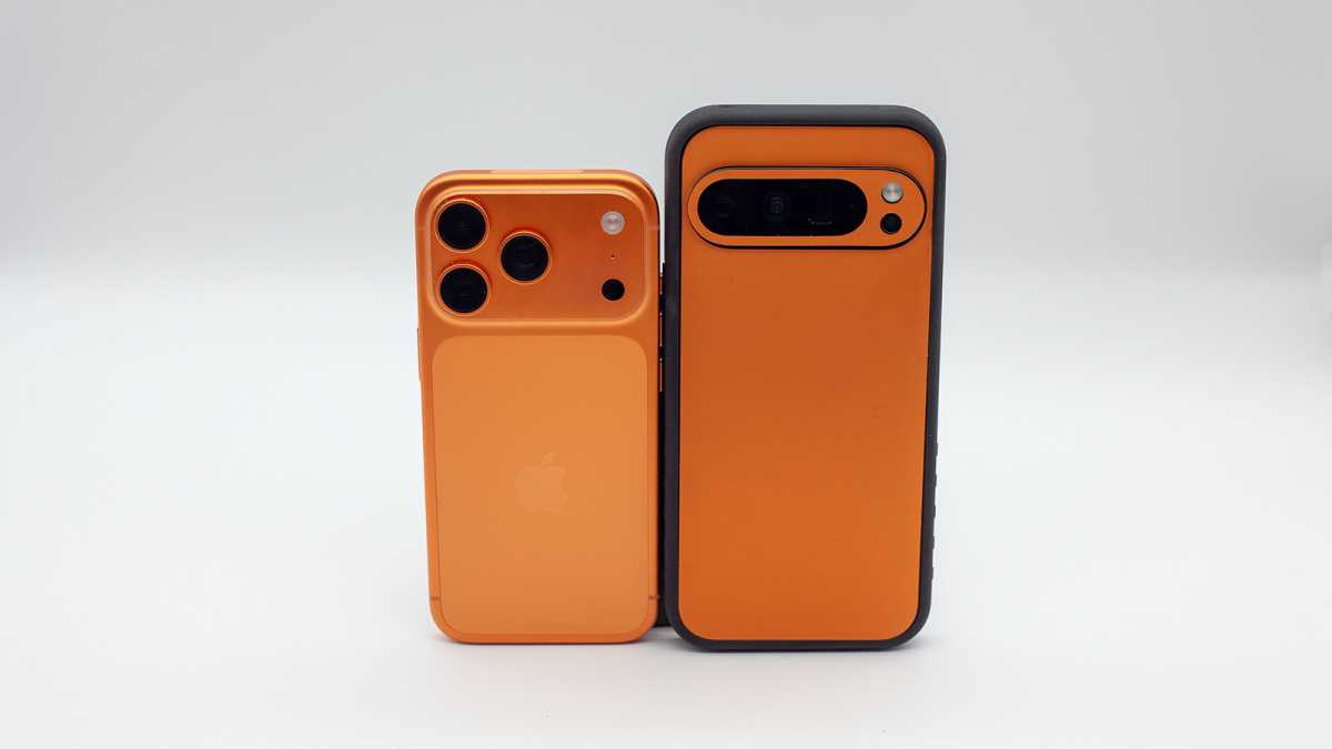 iPhone and orange Android case 