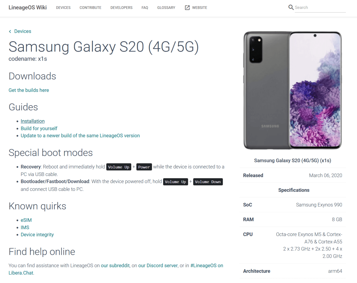 Wikiseite LineagoOS f&uuml;r Galaxy S20